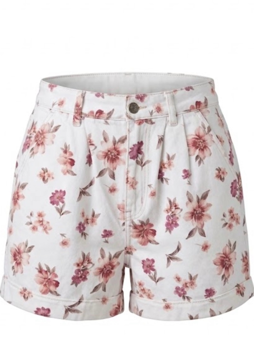 American Eagle Outfitters White Floral High-Waist Shorts, no stretch